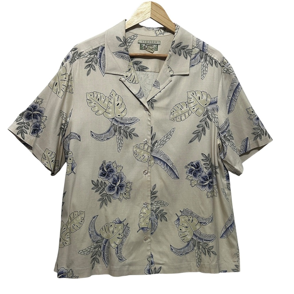 Tommy Bahama Mens Silk Stretch XL Tropical‎ Floral Camp Shirt Beige Blue Preppy
